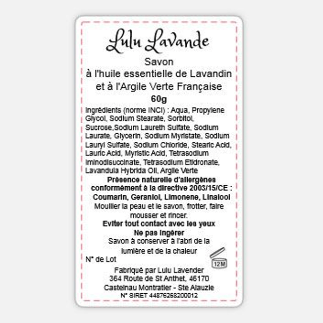 Savon Lulu Lavande 60g à l'huile essentielle de lavandin et à l'argile verte française