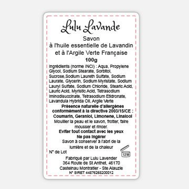 100g Savon Lulu Lavande à l'huile essentielle de lavandin et à l'argile verte française